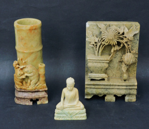 Lot 162 - 3 Oriental Carved Stone Pieces, inc a Vase, Still Life Relief, and Bud