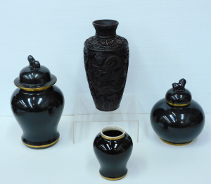 Lot 164 - Small Group of Black Oriental Pots and Vases, inc Cinnabar Style Vase,