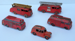 Lot 169 - Lot of 4 Vintage Dinky Fire Engines and a Fire Marshall's Car