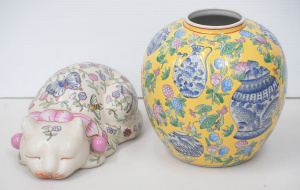 Lot 173 - 2 Pieces of Chinese Porcelain inc a Famille Rose Jar and Sleeping Car Lot 173 - 2 Pieces of Chinese Porcelain inc a Famille Rose Jar and Sleeping Car