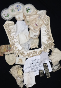 Lot 193 - Box lot of Mostly Vintage inc Victorian Textiles inc, Silk button on Lot 193 - Box lot of Mostly Vintage inc Victorian Textiles inc, Silk button on