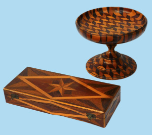Lot 204 - 2 pces Vintage Marquetry in Comport & Oblong Jewellery box