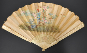 Lot 208 - Victorian Hand painted Bone & Silk Fan - Carved Bone frame - Fair