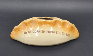 Lot 214 - Vintage English Pottery Cornish Pasty Money box with printed recipe a Lot 214 - Vintage English Pottery Cornish Pasty Money box with printed recipe a