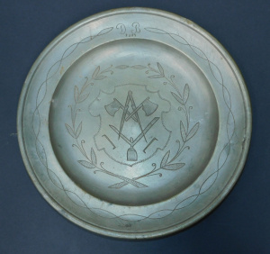Lot 215 - Early 19thC Engraved Pewter Dish with Masonic Iconography and Touch Ma Lot 215 - Early 19thC Engraved Pewter Dish with Masonic Iconography and Touch Ma