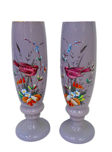 Lot 219 - Pair of Victorian Glass Vases - pale amethyst with hand painted bird a Lot 219 - Pair of Victorian Glass Vases - pale amethyst with hand painted bird a