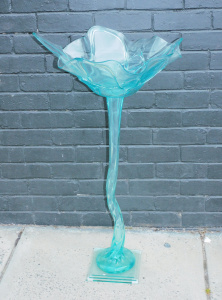 Lot 7 - Tall Art Glass Bird Bath, green with twisted stem and petal loke bowl, a