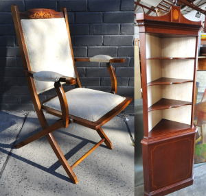 Lot 14 - Vintage c1900 Folding Campaign Arm Chair - Inlaid design to back rest,