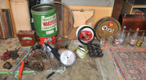 Lot 20 - Group Lot of Blokey Items incl Vintage Hand Tools, Wakefield Oil Tin, V