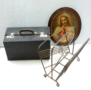 Lot 35 - 3 Vintage Items inc Wrought Iron Art Deco Magazine Stand, Hard Case wit