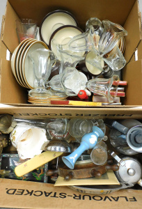Lot 41 - Large Mixed Lot of 2 Boxes inc Ship's Wheel Barometer, Retro Crockery a
