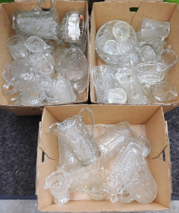 Lot 50 - 3 Boxes vintage Glass inc Various sized jugs, Aspic Moulds, Bowels, Vi