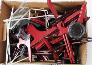 Lot 54 - Box of Display stands inc wooden & plastic Plate stands Perspex, Me