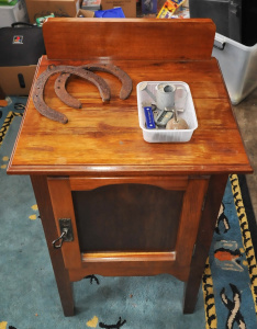 Lot 57 - Mixed Group lot inc Vintage Wooden Pot Cupboard 89cm H, Small oil cans