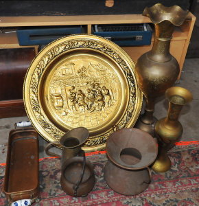 Lot 58 - Lot of Brass & Copper Items incl Large Dish, Jugs, Vases etc