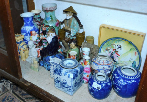 Lot 69 - Large Shelf Lot of Oriental Porcelain, Strone Carvings, and Pottery inc