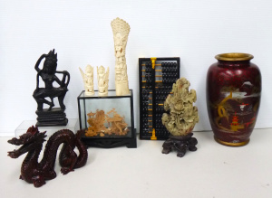 Lot 71 - Group lot of Eastern Items inc, cased Chinese Cork Diorama, Soapstone f