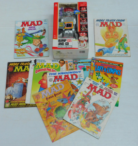 Lot 77 - Bump and Go Space Robot Like New In Box and Retro Comics and Mad Magazi