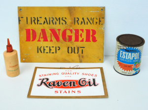 Lot 84 - Small Group of Vintage Signs and Containers inc Raven Oil Stains Sign,