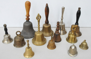 Lot 90 - Group lot vintage Bells - Mostly brass - some with wooden handles &
