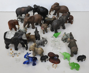 Lot 92 - Large group lot Elephant figures inc Art Glass, Wooden, Resin etc - va