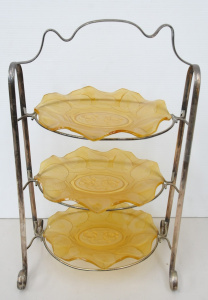 Lot 124 - Art Deco Silver Plated High Tea 3 Tier Stand with Amber Bagley Glass o