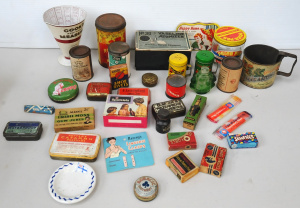 Lot 142 - Box lot of Vintage Tins & Packaging incl Vaseline Atomiser in box,