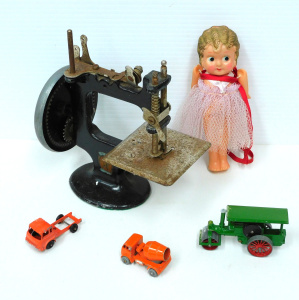 Lot 143 - Peter Pan Child's Sewing Machine, 3 Vintage Die-Cast Vehicles inc Lesn