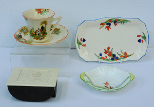Lot 153 - Group lot of Art Deco items inc Bakelite lidded box, Hand painted Cup