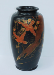 Lot 157 - Vintage Japanese Black Vase - Black glaze w Hand painted Tan birds, Bl