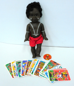 Lot 160 - Vintage Agro Cards, Humphrey Bear Badge, Doll of Indigenous Australian