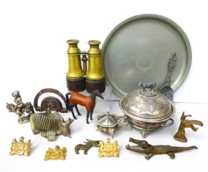 Lot 163 - Group lot of Vintage Metal items inc Brass Donkey Bottle openers, Croc