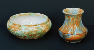 Lot 190 - 2 pces Fowler Australian Pottery inc Mottled glaze green & tan bow