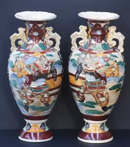Lot 193 - Pair Vintage Ceramic Japanese Hand Painted vases - Twin handled with t