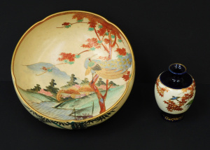 Lot 198 - 2 pces Vintage Hand painted Japanese Satsuma inc Bowl with blossom tre