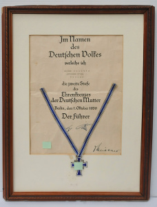 Lot 219 - Framed c1939 German Cross of Honour of the German Mother Medal & C