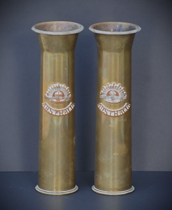 Lot 220 - Pair WWII Australian Artillery Shell Trench Art Vases with applied Ris