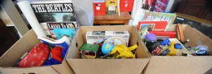 3 x Boxes of Mixed Items incl Coca-Cola Yo-Yo, Beatles Books, Figures, Alien in