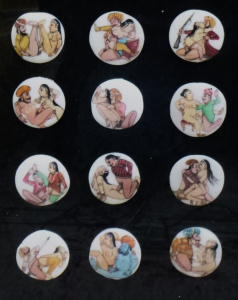 Framed under glass12 x Eastern Erotica Kama Sutra painted medallions, approx 25c