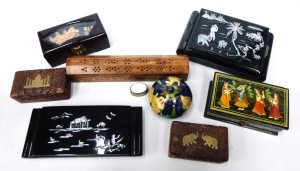 Group lot of Assorted Eastern Lidded Boxes inc, carved wooden, hand painted, lac