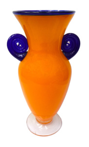 Large Richard Morrell Australian Art Glass twin handle vase, blue handles, orang