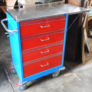 Retro Blue & Red Tool Lockable Chest w Fold Down Tray & Four Drawers
