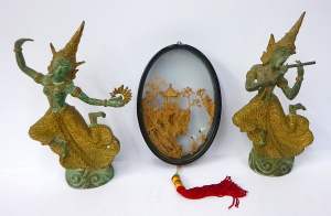 Small lot of Eastern Items inc 2 x Bronze with Gilt Thai Female Dancing Figures