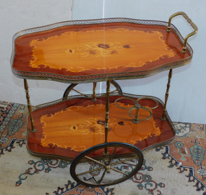 Lot 2 - Vintage ornate 1980s Inlaid Italian 2 Tier Drinks Trolley - VGC