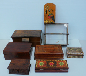 Lot 5 - Shelf Lot of Timer Boxes inc Vintage Money Box, Marquetery, Inlaid, Carv