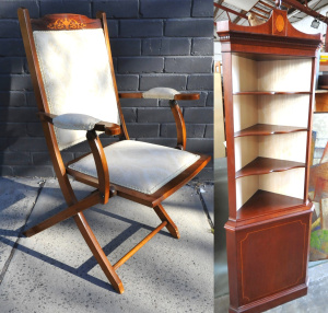 Lot 6 - 2 x pieces - Vintage c1900 Folding Campaign Arm Chair w Inlaid design to
