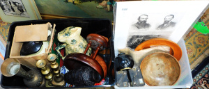 Lot 29 - 2 x boxes - Mixed vintage items - Brass Vase & Candlesticks, Box Br