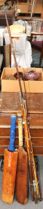 Lot 39 - Group Lot of Vintage Fishing Rods inc Split Cane, and Cricket Bats inc