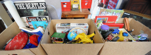 Lot 41 - 3 x Boxes of Mixed Items incl Coca-Cola Yo-Yo, Beatles Books, Figures,