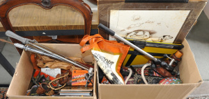 Lot 49 - 2 x boxes mixed items - Old Tools, Torque wrench, Tins, Ladies Bags, PC